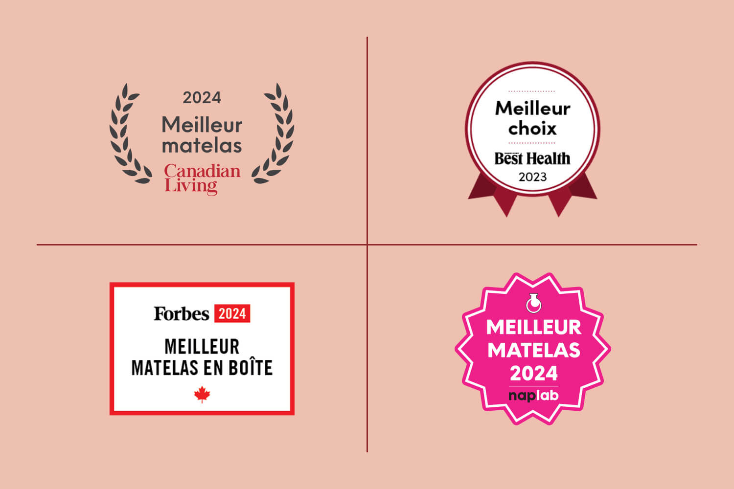 Récompenses du matelas Douglas : Meilleur dans l’ensemble, Meilleur choix pour les maux de dos, Meilleur matelas en boîte, Meilleur matelas 2024